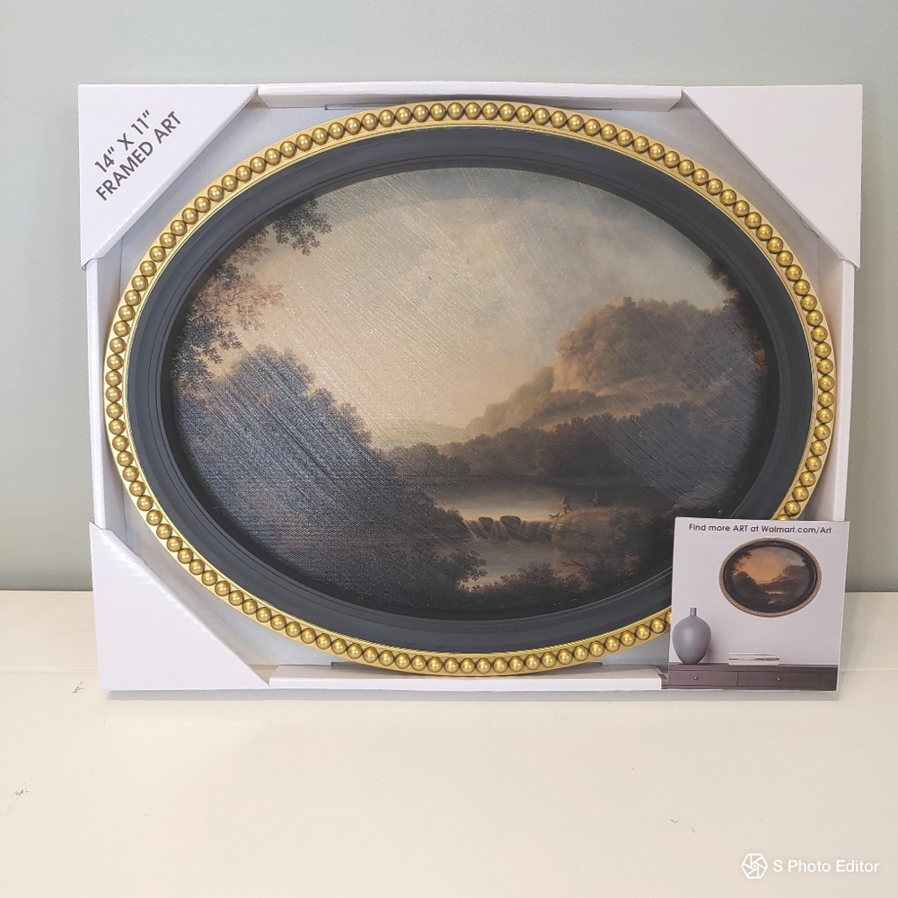 Vintage style landscape wall art home decor gold tone oval beaded frame NWT